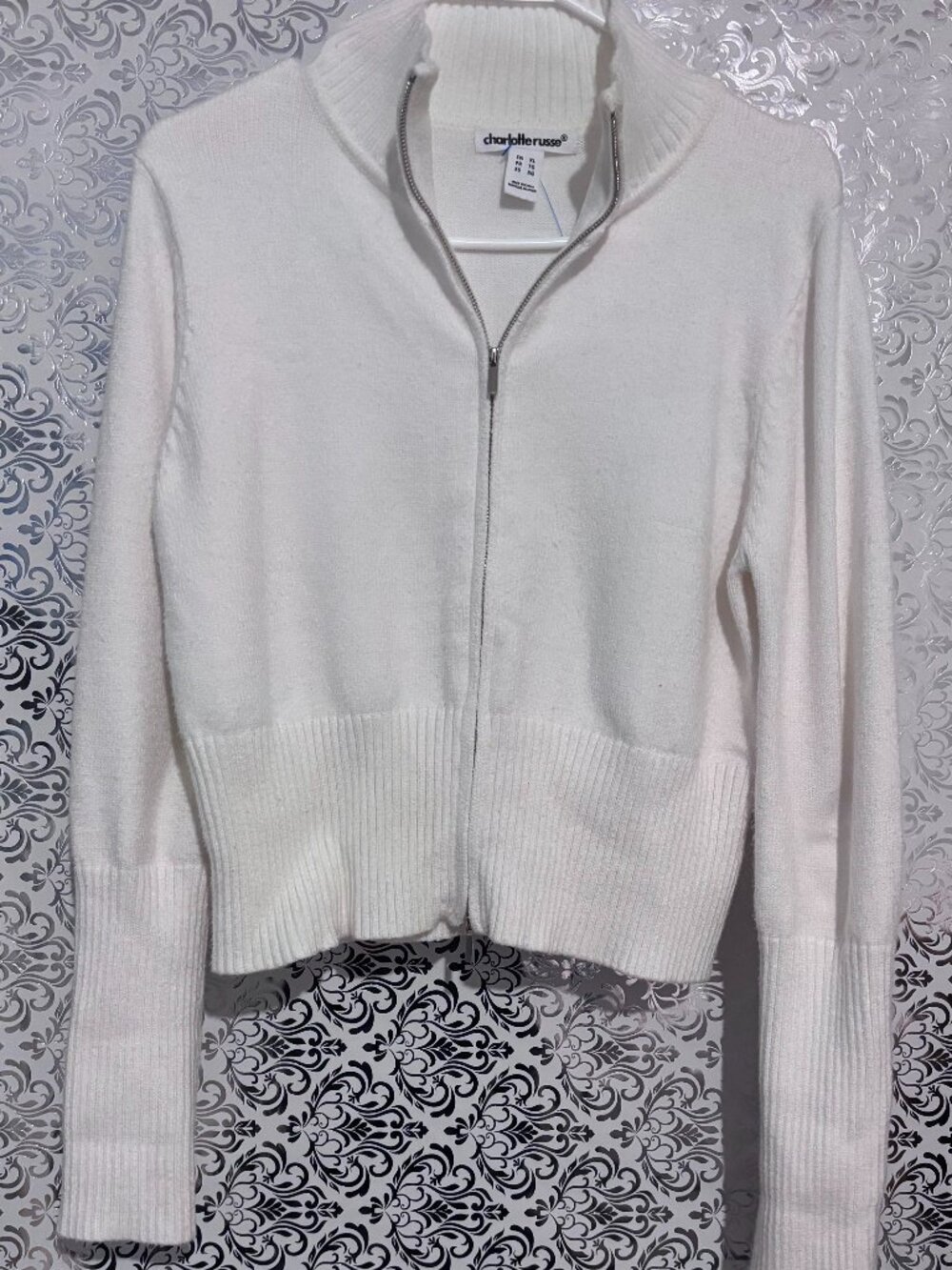 Charlotte Russe Cream Full-Zip Mock Neck Knit Sweater Jacket - Size XL